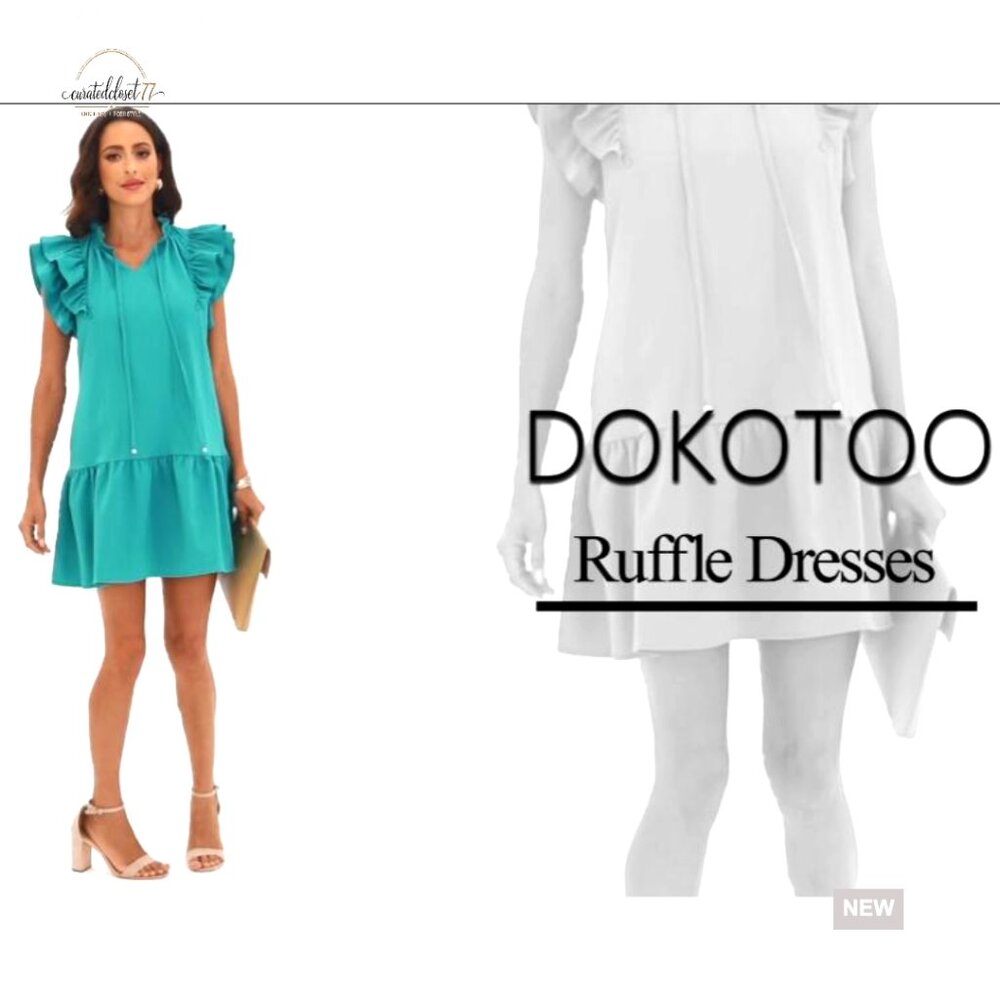 V-Neck Drawstring Ruffle Cap Sleeve Mini Dress with Side Pockets - Picture 6 of 7